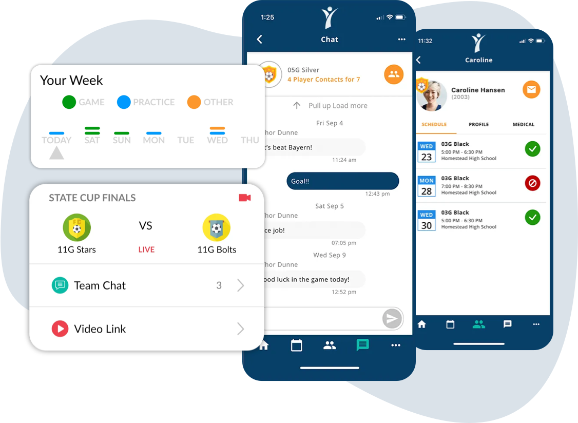 Byga youth sports club management mobile view of chat with attendance and schedule