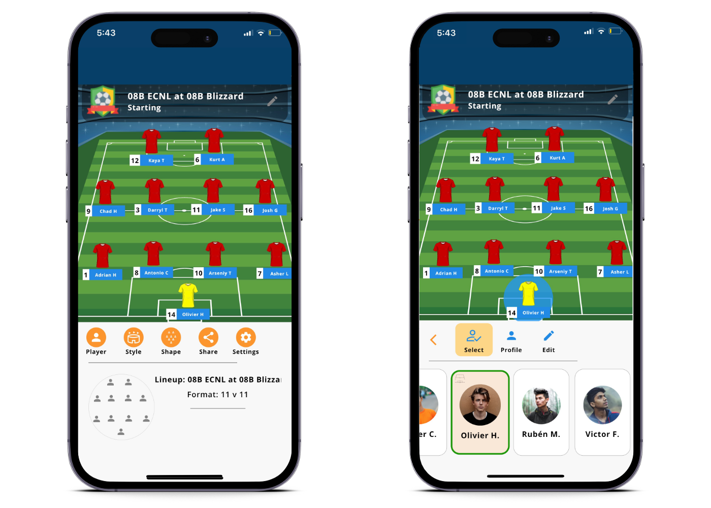 Byga youth sports club management lineup features on mobile