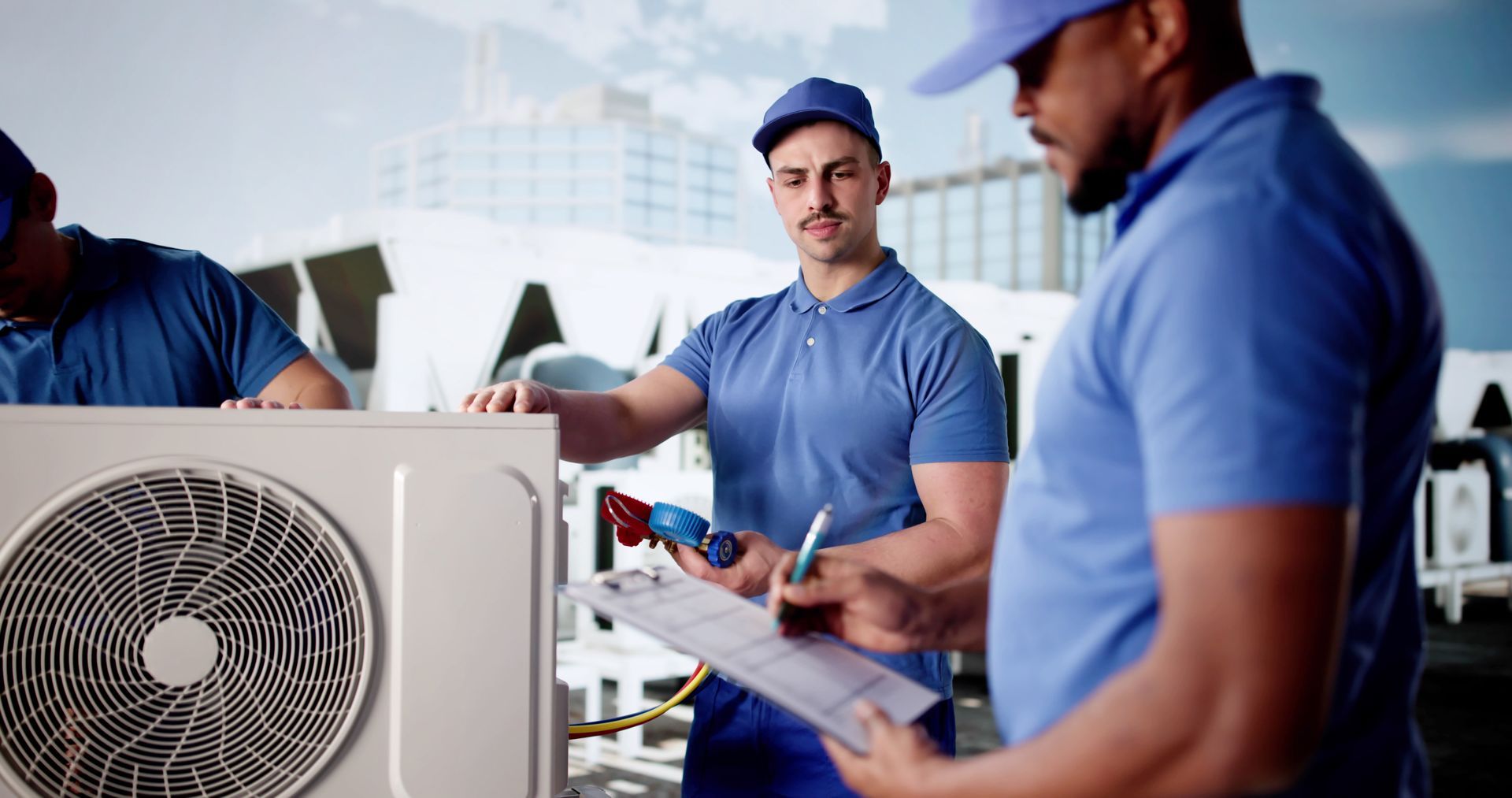 Three technicians in blue uniforms inspect an outdoor HVAC unit, one holding a gauge and another a clipboard.