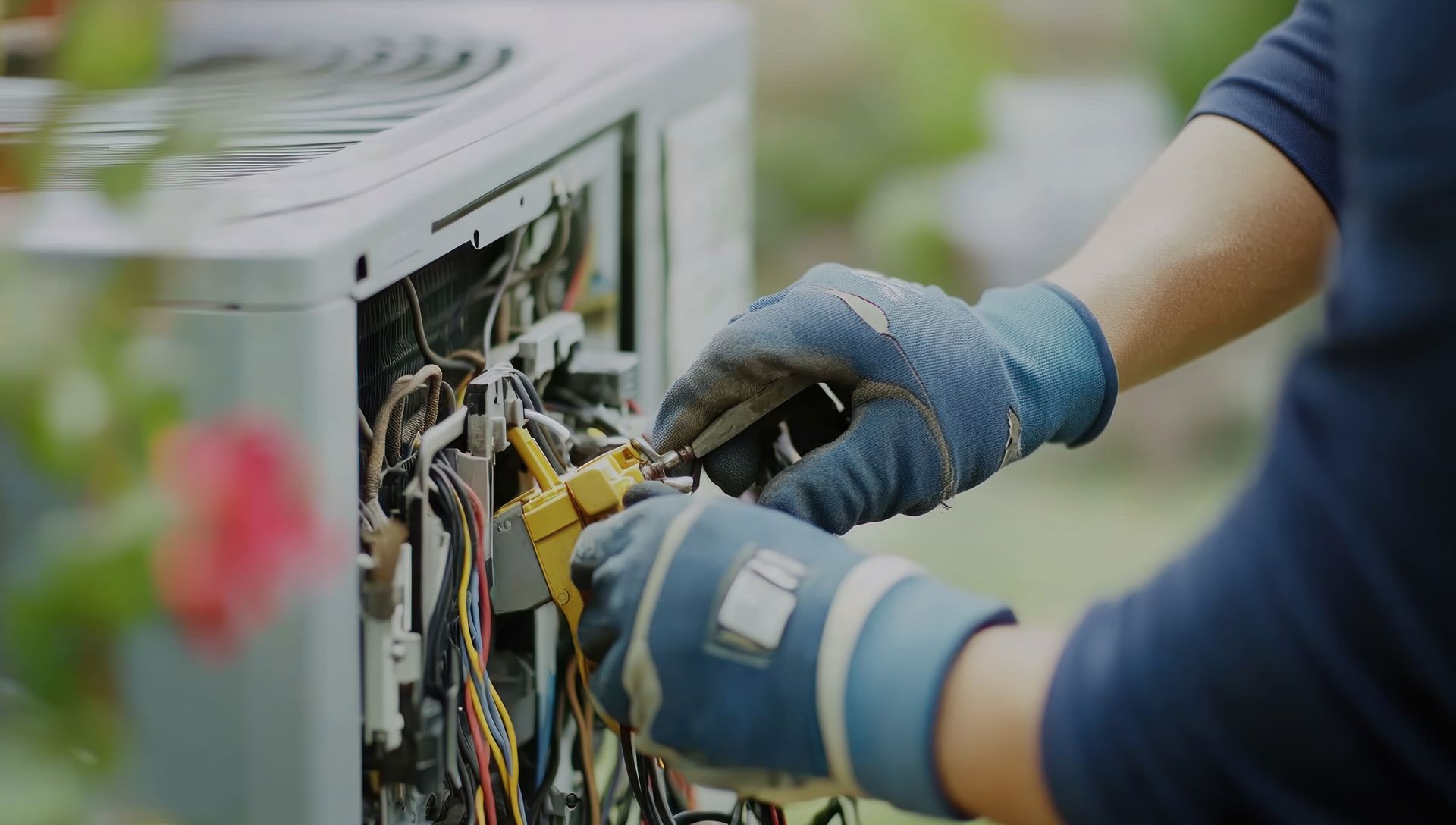 A technician wearing work gloves uses a tool to inspect the electrical components of an outdoor air conditioning unit.