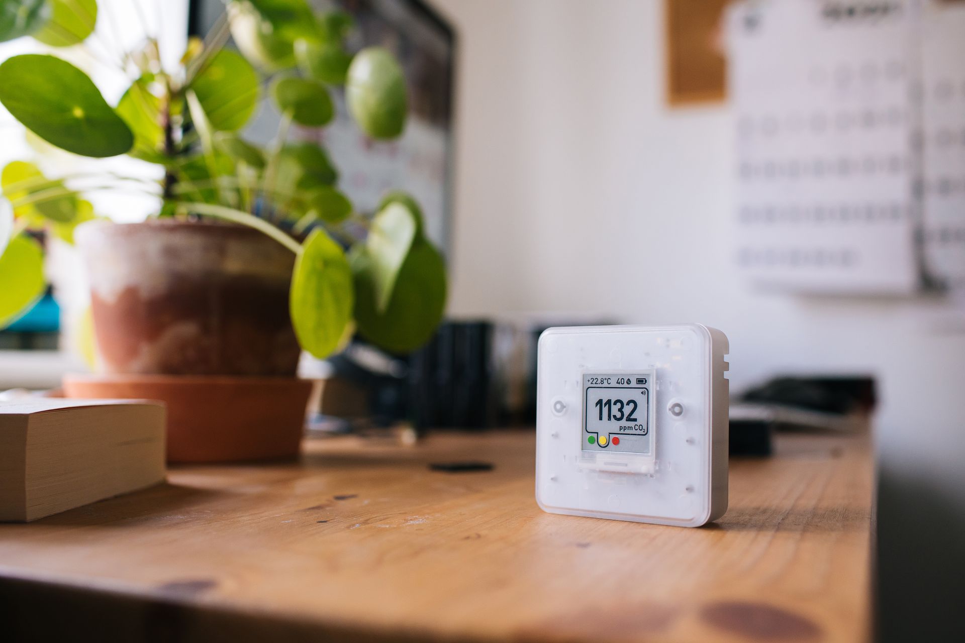 A white air quality monitor sits on a wooden desk next to a potted plant in a bright, out-of-focus office space.