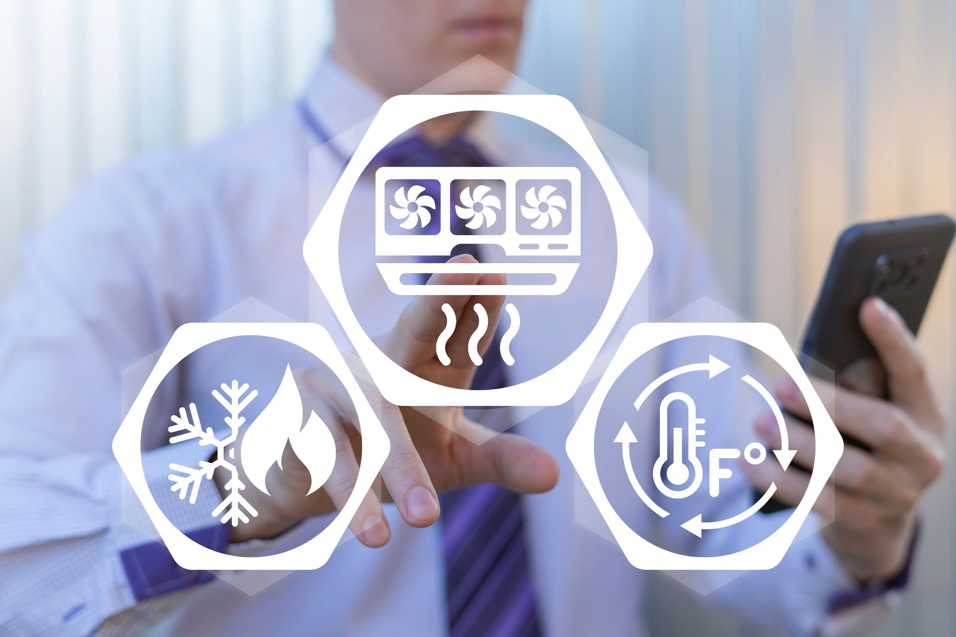 A person in a business suit interacts with a digital interface showing icons for climate control and temperature settings.