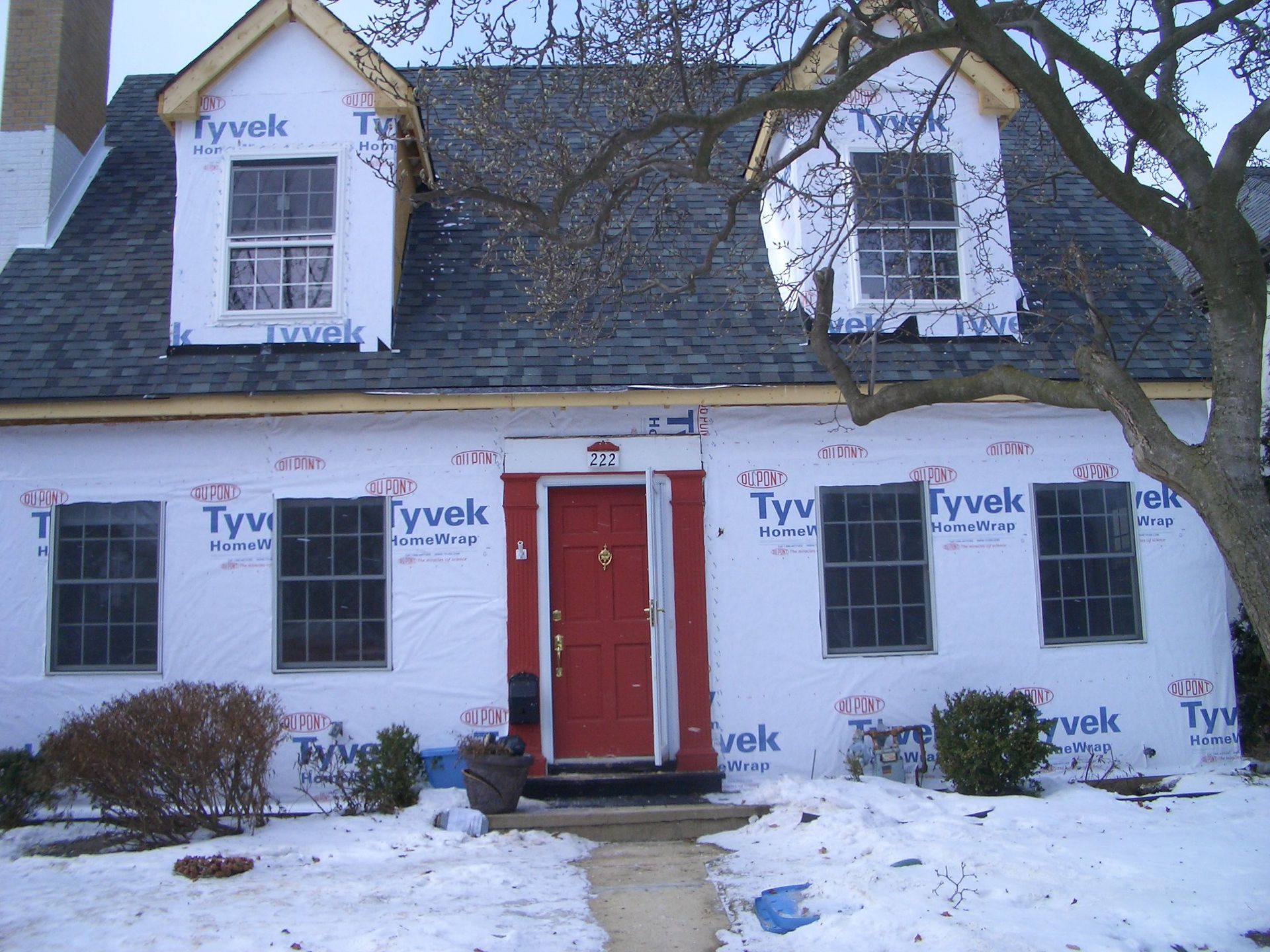 The front of a house with styrofoam on it