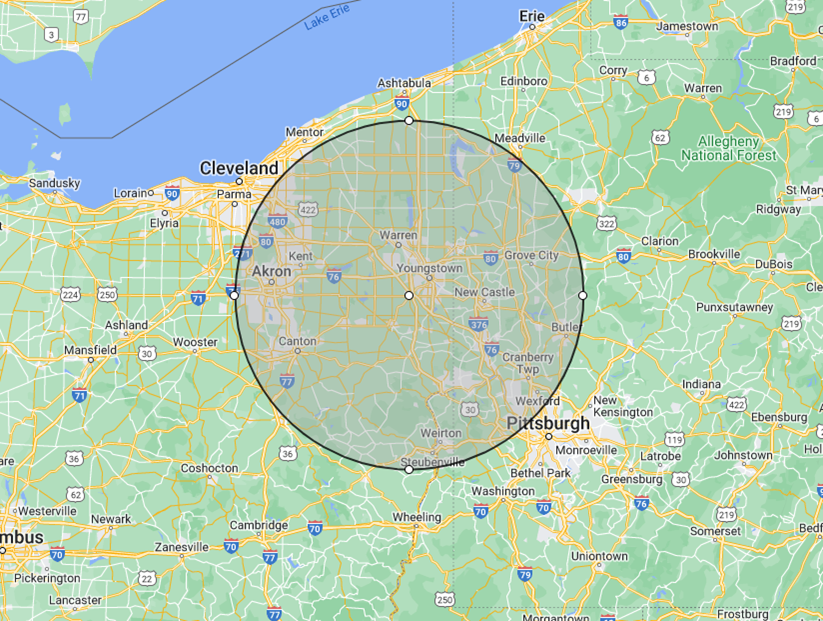 A map of the state of Pennsylvania with a circle around it. A map of the state of Pennsylvania with a circle around it.