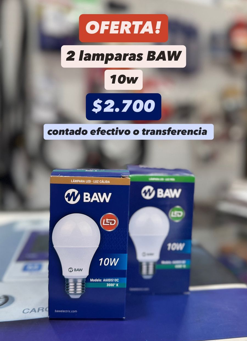Dos bombillas BAW de 10 W en sus cajas, una promoción por 2700 dólares, pagaderos en efectivo o por transferencia.
