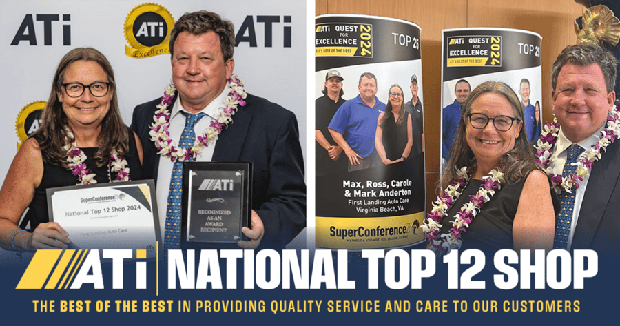 ATI award collage with two smiling people holding a plaque and banner reading “National Top 12 Shop”