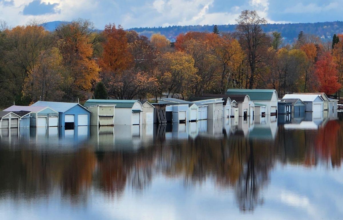 Boathouses on the Magog River, viewed from downtown Magog.