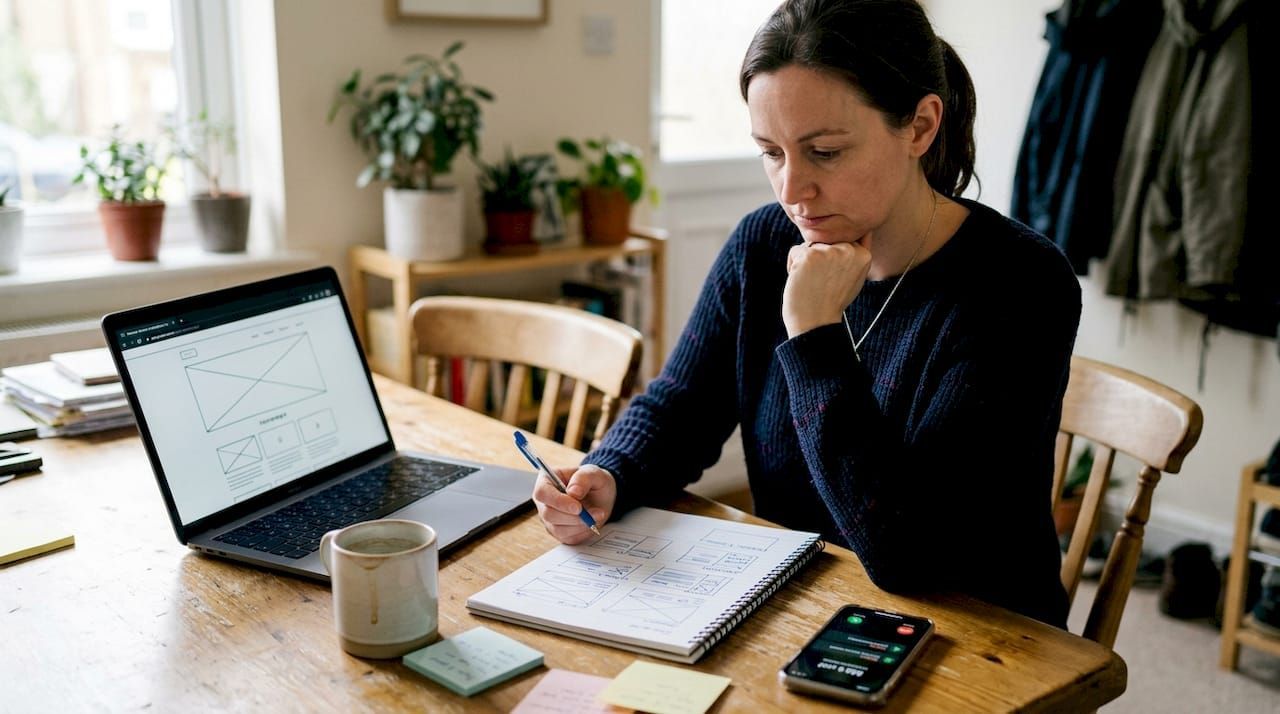 A person working at a wooden table with a laptop, notebook, and phone, surrounded by houseplants in a bright home office.