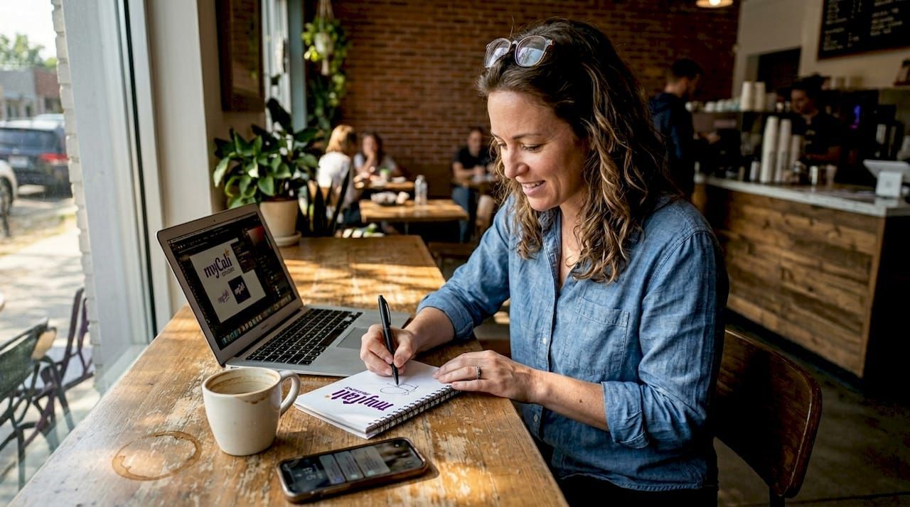 Woman writing in a notebook at a café table beside an open laptop and coffee cup