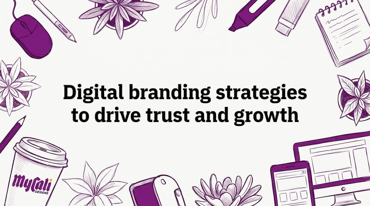 Purple-themed marketing graphic with the text “Digital branding strategies to drive trust and growth.”