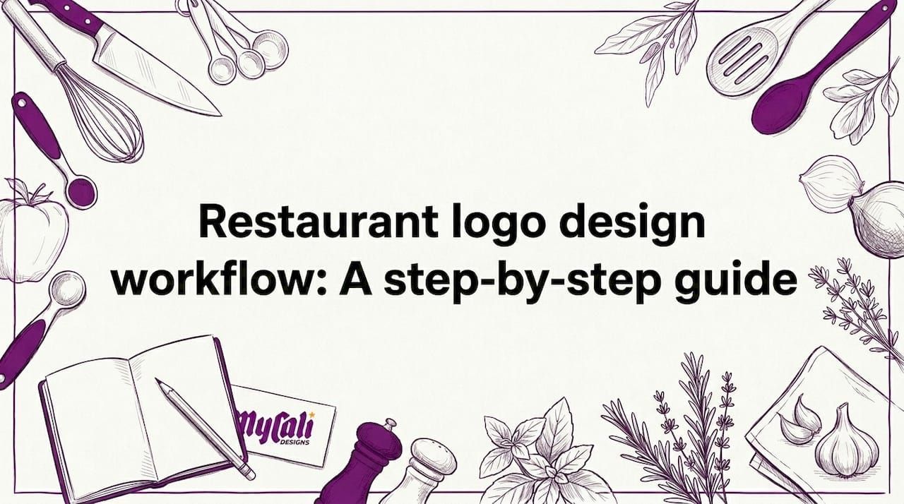 Restaurant logo design workflow guide with purple botanical sketches and a central title.