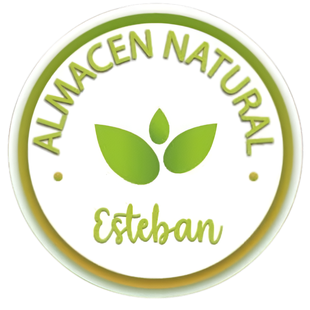 Logotipo circular: “Almacen Natural Esteban” en color verde sobre blanco, con diseño de hojas.