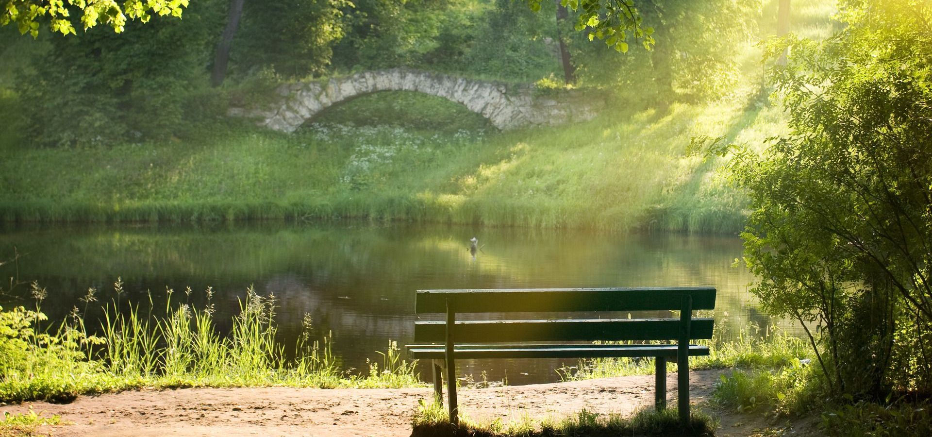 A park bench is sitting next to a lake with a bridge in the background.