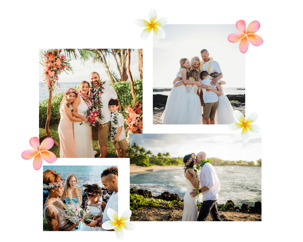 Wedding photos with a couple, children, and flowers on a beach.