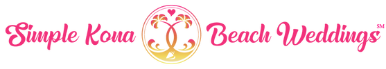 Simple Kona Beach Weddings Logo for Simple Kona Beach Weddings, pink script, with a central floral design, in a pink/yellow oval.