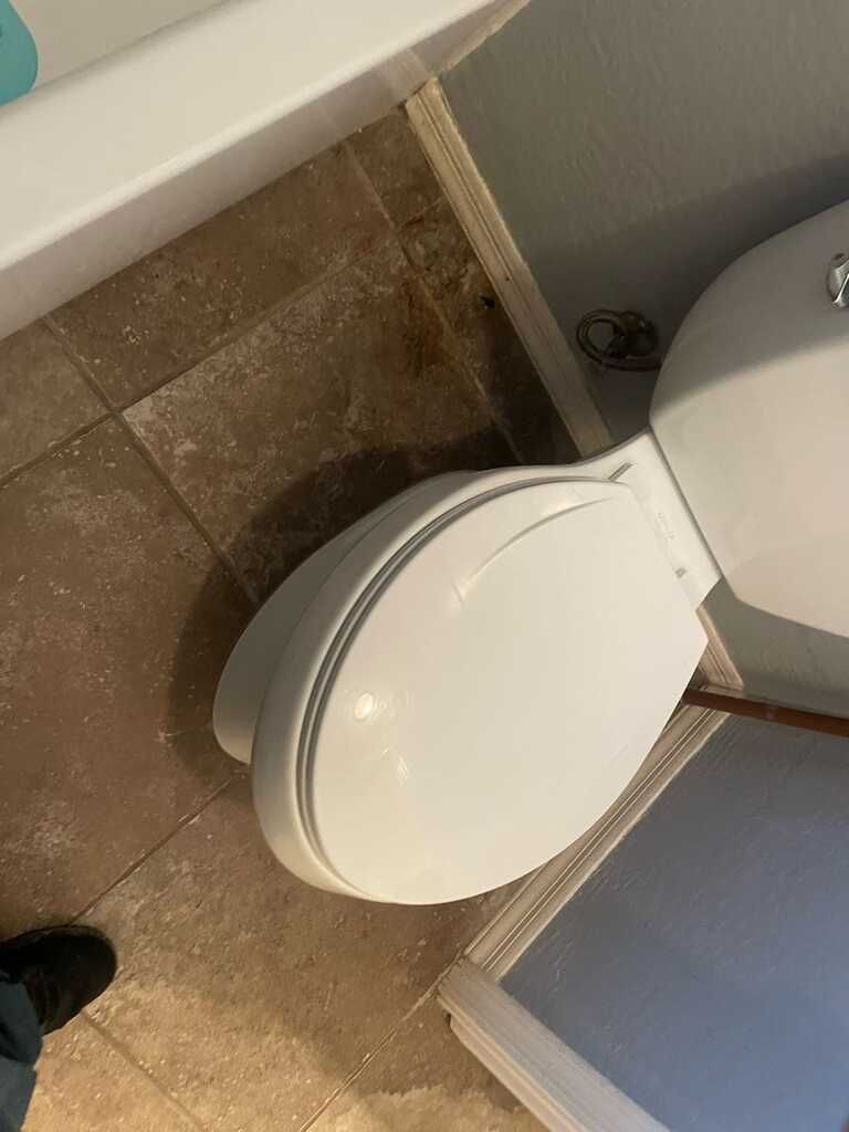 A person is standing next to a toilet in a bathroom.