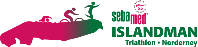Triathlon-Logo sebamed ISLANDMAN Norderney Triathlon-Logo mit Figuren, die auf einer Insel schwimmen, Rad fahren und laufen; sebamed ISLANDMAN.
