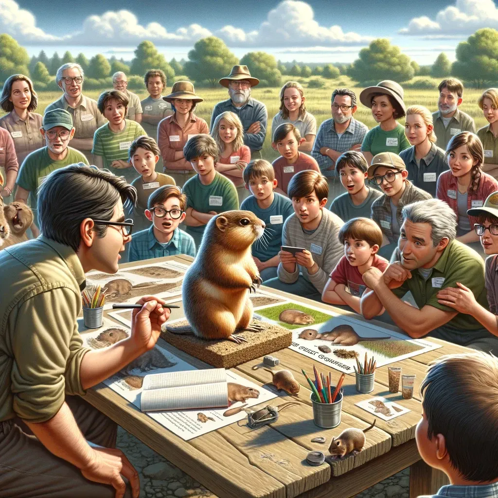 a group of people are sitting around a table with a ground squirrel on it .