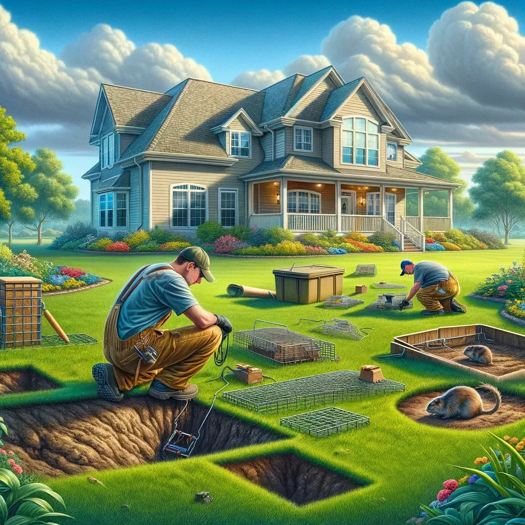 realistic illustration depicting professional gopher extermination by setting traps at a residential