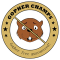 Gopher Champs logo: Cartoon gopher crossed out by gold circle, text 