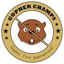 Gopher Champs logo: Cartoon gopher crossed out by gold circle, text 