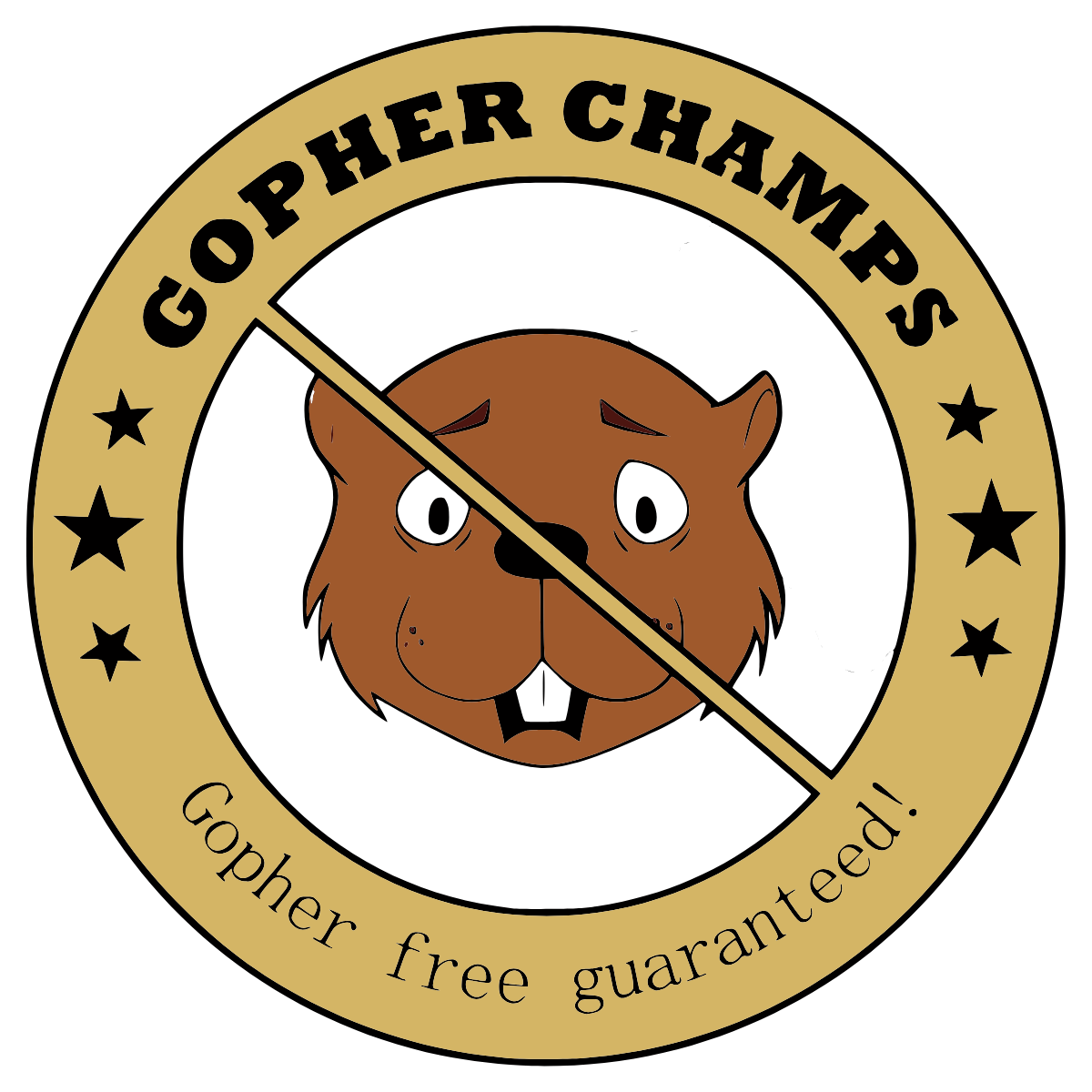 Gopher Champs logo: Cartoon gopher crossed out by gold circle, text 