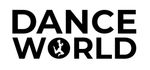 Un logotipo en blanco y negro para un estudio de danza llamado Dance World.