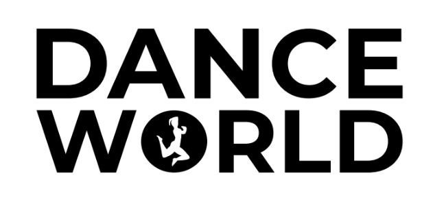 Un logotipo en blanco y negro para un estudio de danza llamado Dance World.