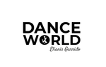 Un logotipo en blanco y negro para un estudio de danza llamado Dance World.