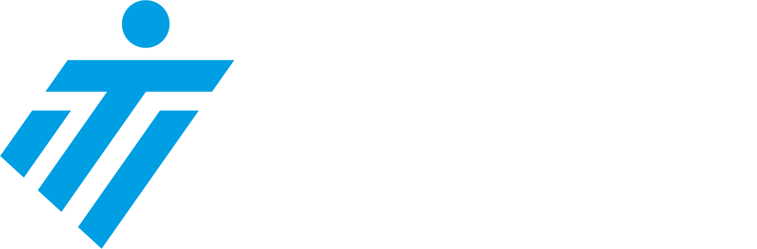 A blue and white logo on a white background.