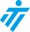 A blue and white logo with a circle in the middle
