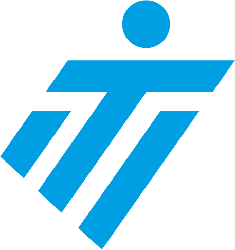 A blue and white logo with a circle in the middle
