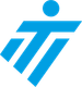 A blue and white logo with a circle in the middle