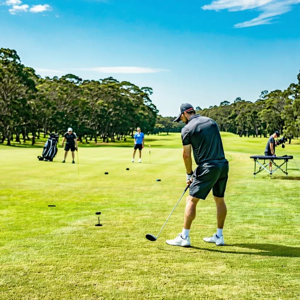 A man is swinging a golf club on a golf course.