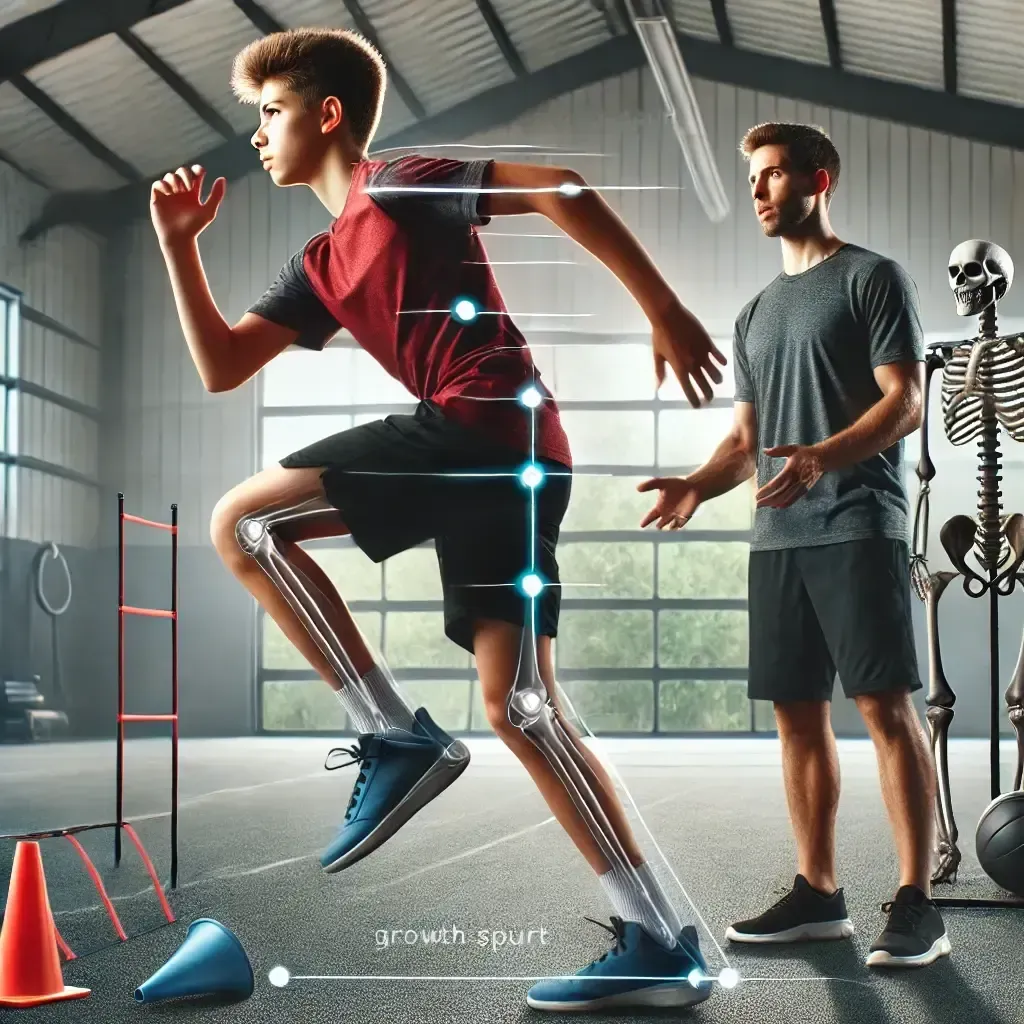 A man is standing next to a boy running in a gym.