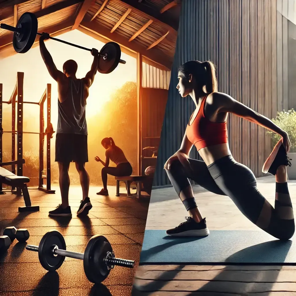 A man is lifting a barbell and a woman is stretching on a yoga mat.