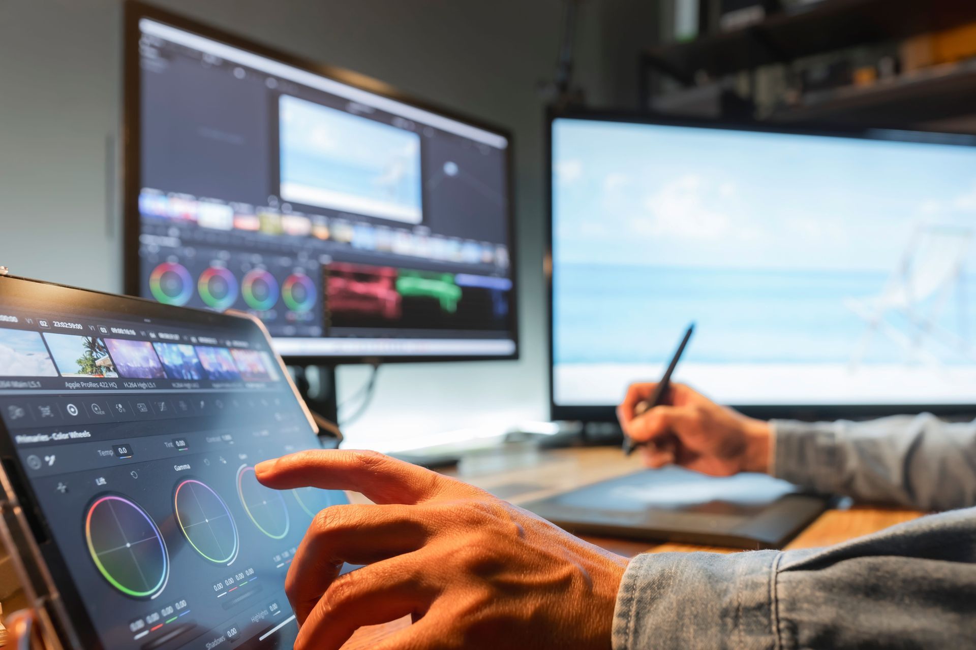 Person editing video on multiple screens, using a tablet for color correction adjustments.