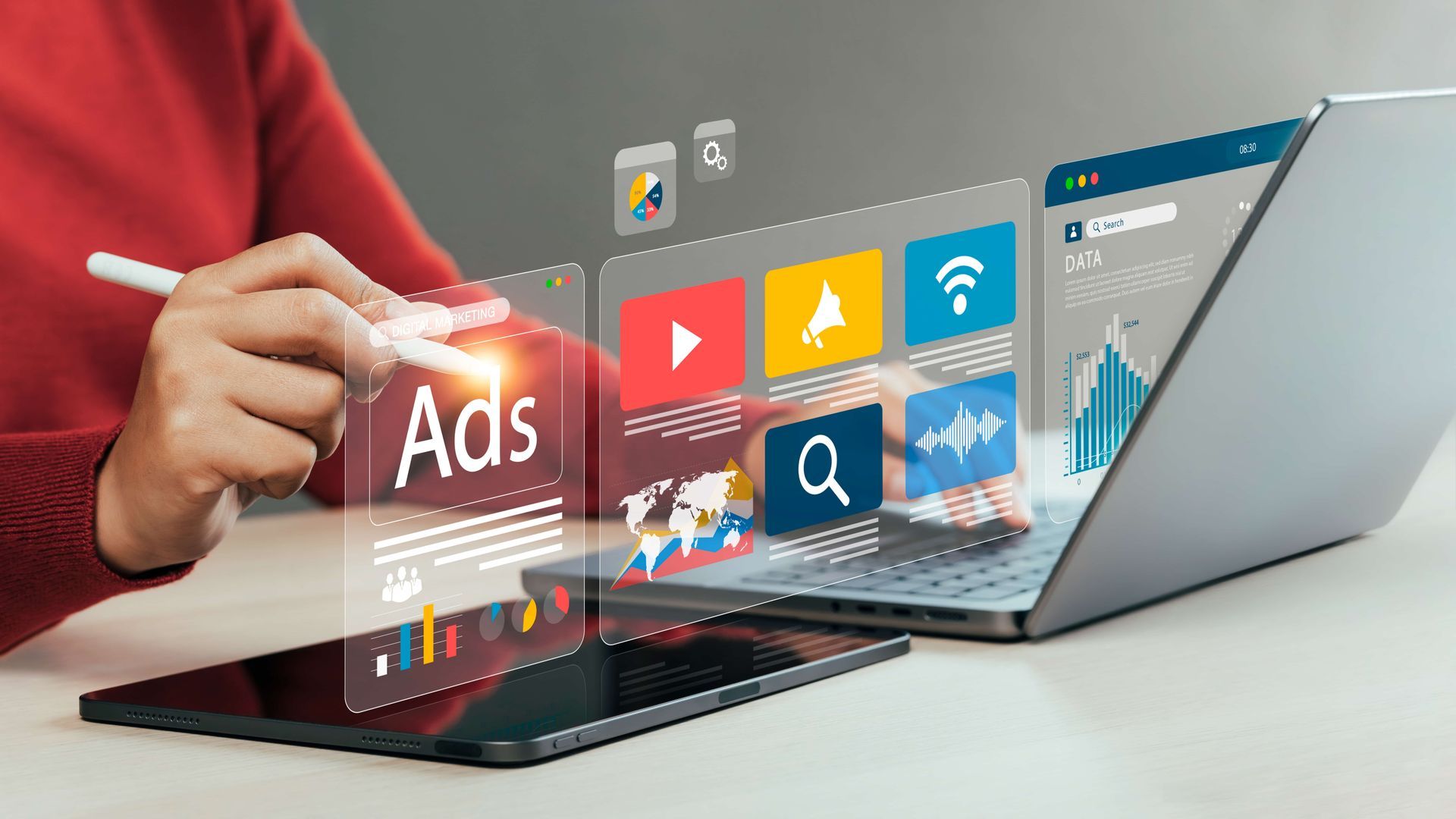 Person interacting with a transparent screen displaying app icons and 