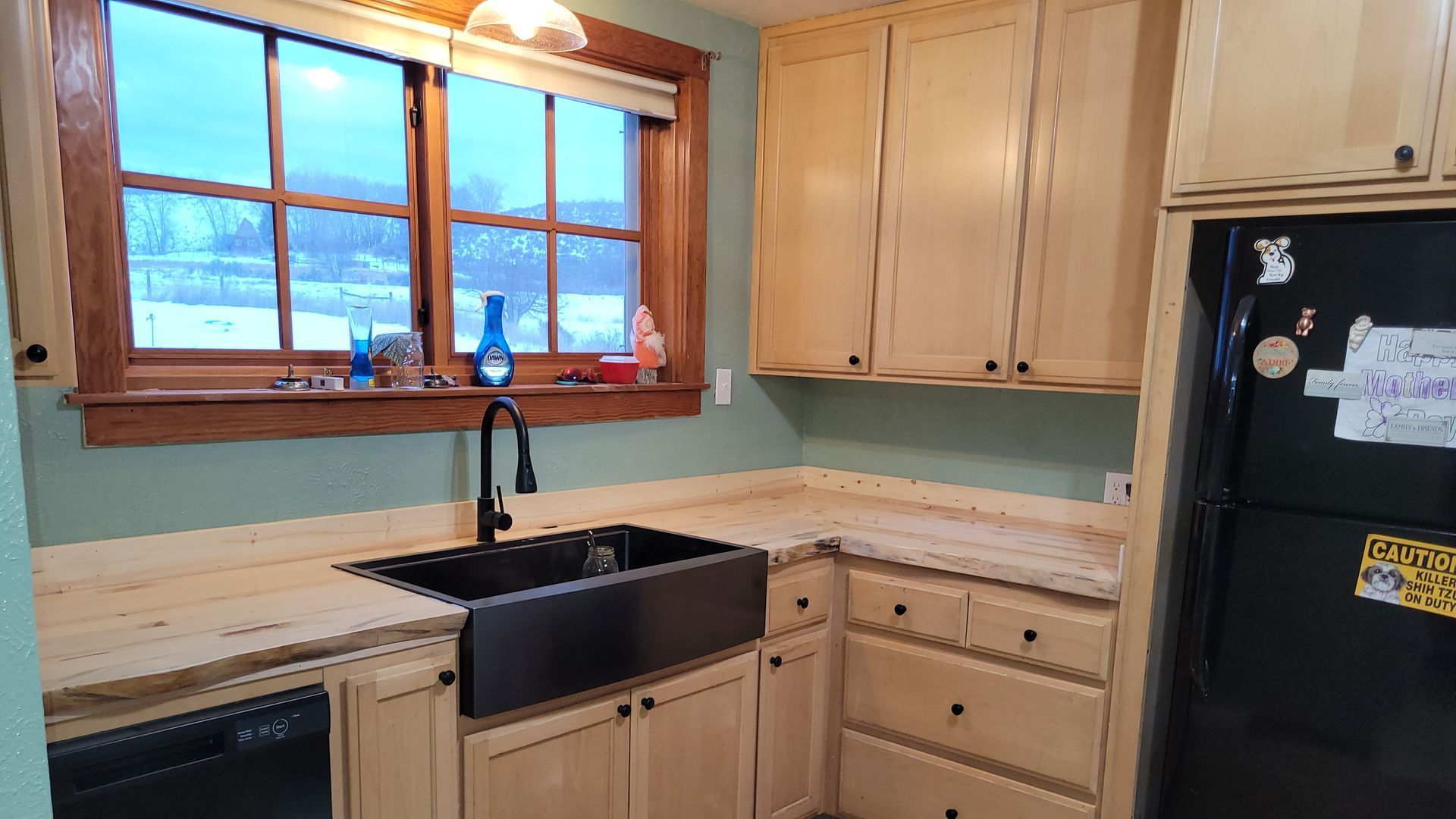 A kitchen with a sink , dishwasher , and refrigerator.