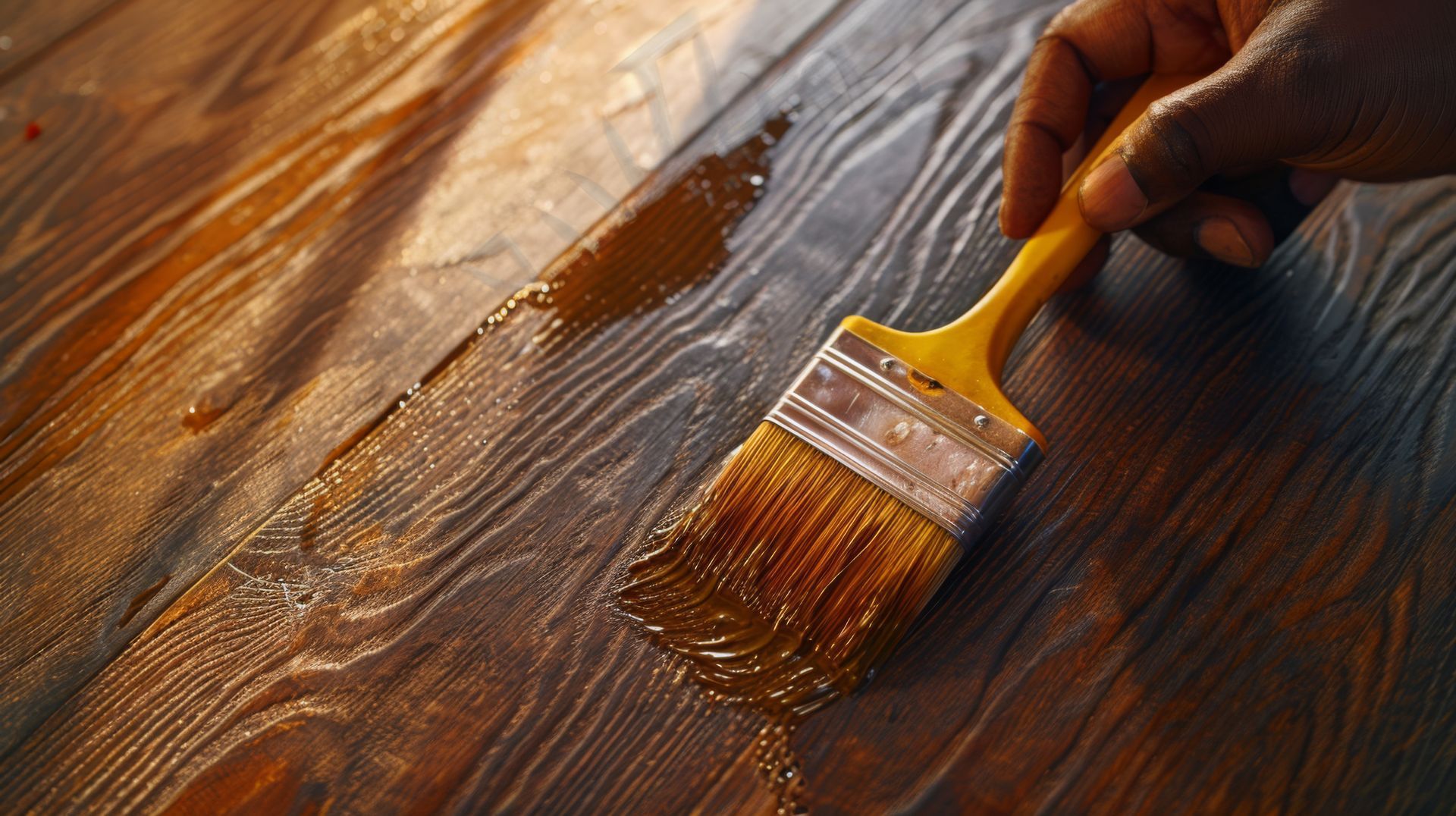 A person is painting a wooden surface with a brush.