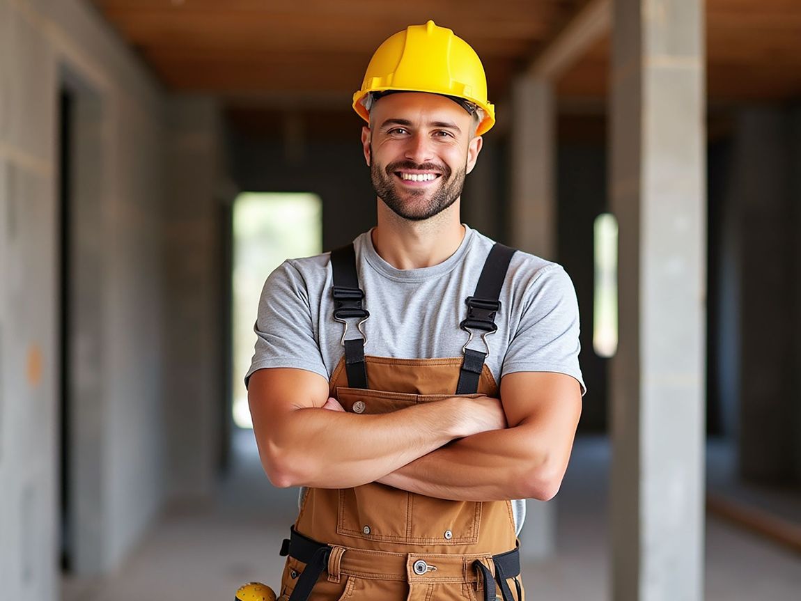 A man wearing a hard hat and overalls is standing in a hallway with his arms crossed.