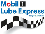 Mobil 1 Lube Express logo with checkered flag; blue text on white background.