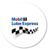 Mobil 1 Lube Express logo on a white background. Features a blue and red text with a black and white checkered flag design.