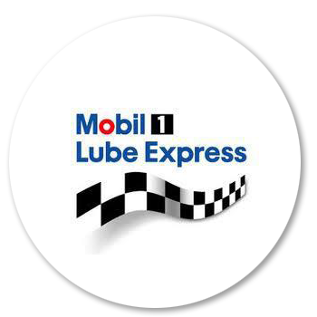 Mobil 1 Lube Express logo on a white background. Features a blue and red text with a black and white checkered flag design.