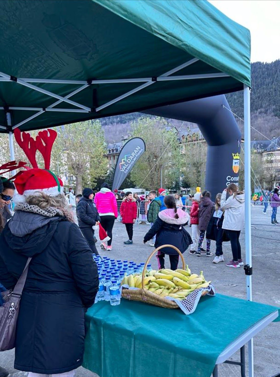 A woman wearing a santa hat is standing in front of a table with bananas on it.