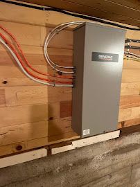 Gray ServPro electrical panel on a wood-paneled wall, with conduit cables.