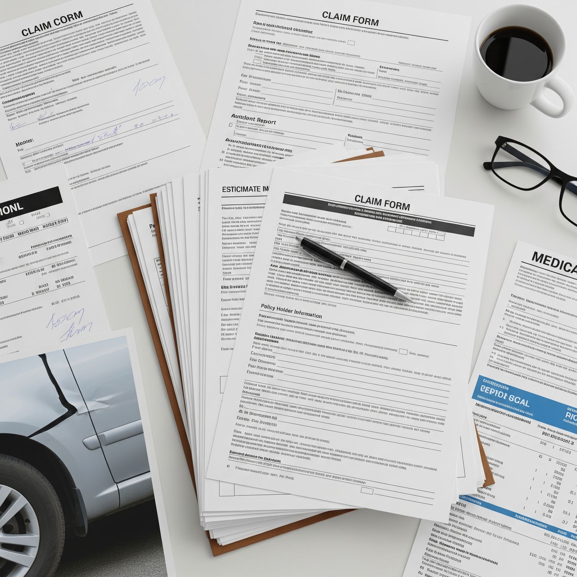 A high-angle view of a desk with insurance claim documents, including forms, a photo, and a pen