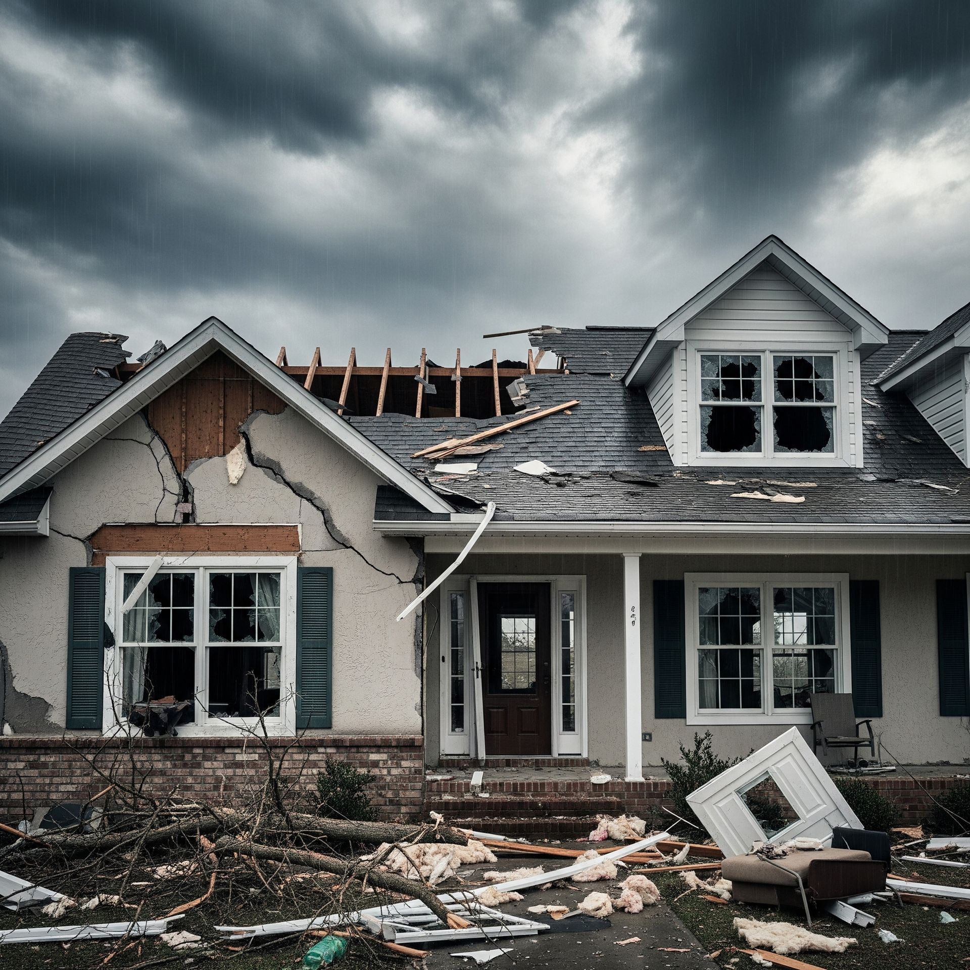 A severely damaged house after a storm, with a partially torn roof, shattered windows, and debris .