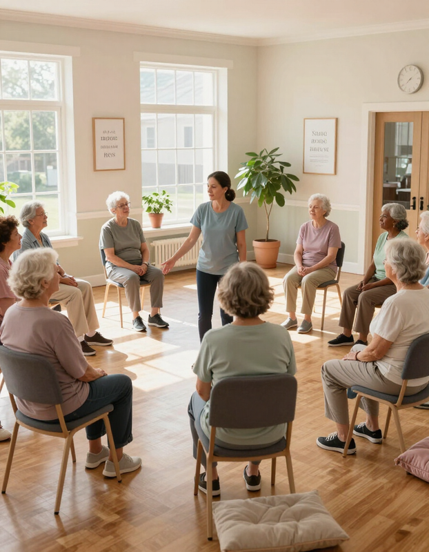 Care home exercise class with seated and standing movement