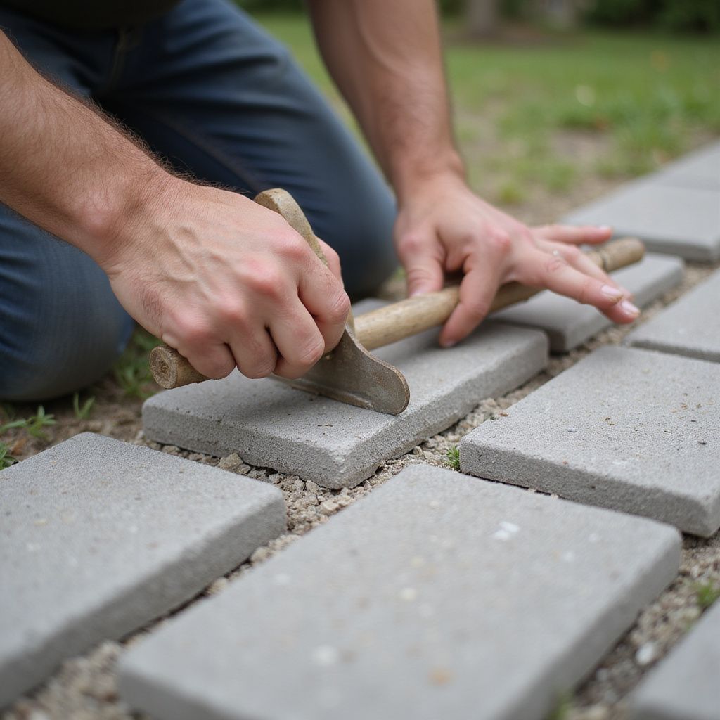 A person kneeling, laying gray rectangular pavers with a mallet in a grassy area.